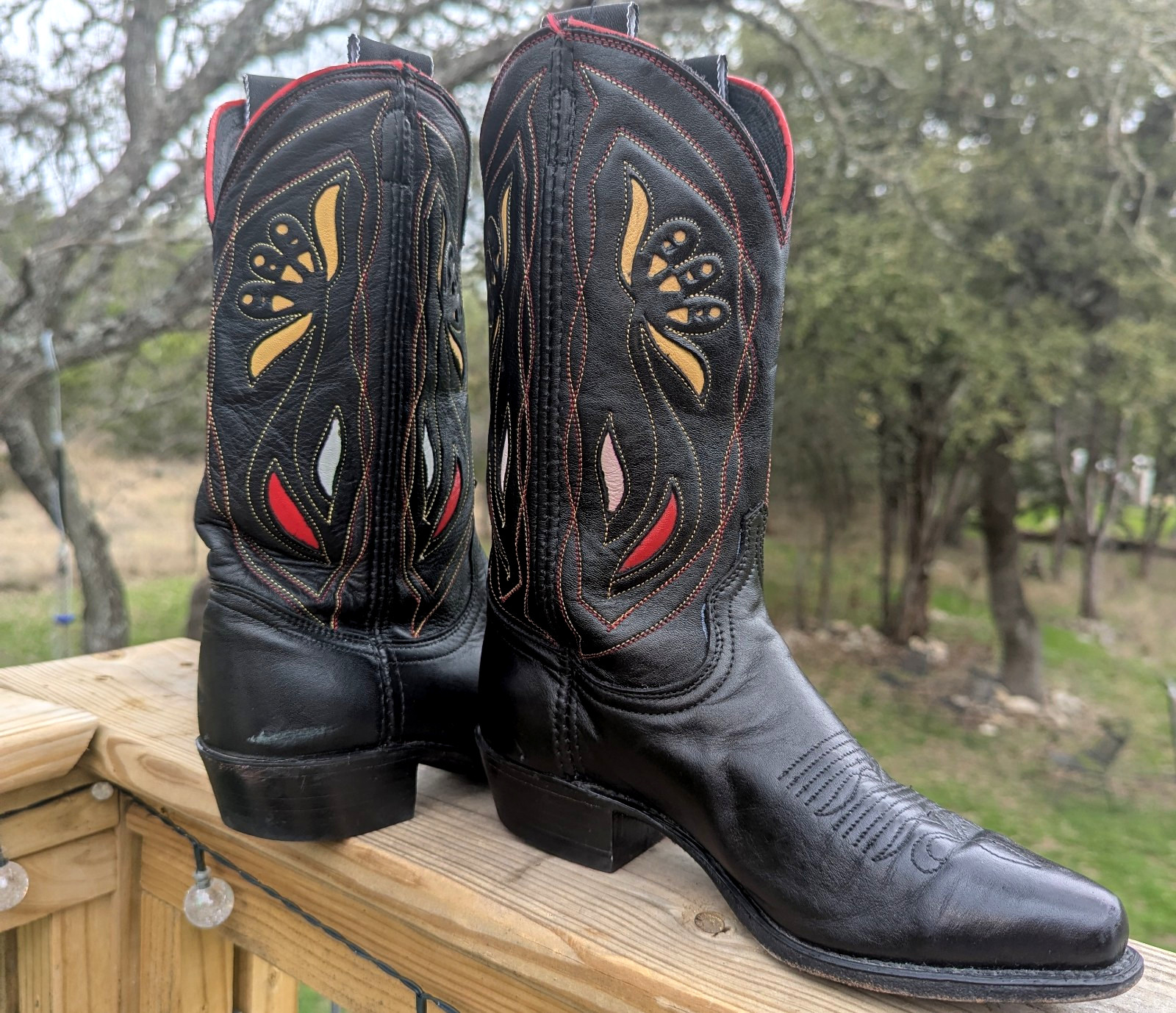 Vtg 60s ACME Western Black Leather BOOTS Sz 6.5 M Red Yellow Floral Inlays Rare