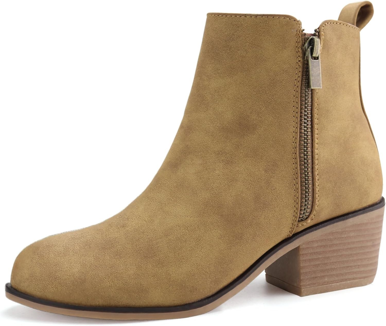 Women Ankle Boots Side Zipper Low Heel Dress Booties Tan Nubuck 8 US