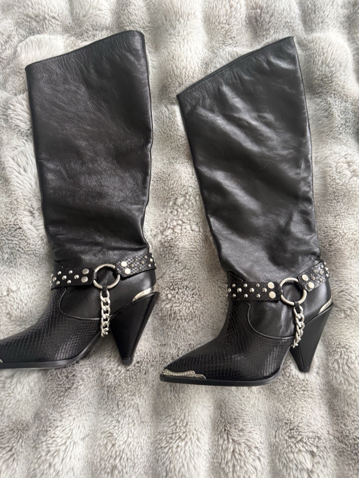 The Kooples High Boots Black Leather Motorcycle Chain Stud Sz 39 $555