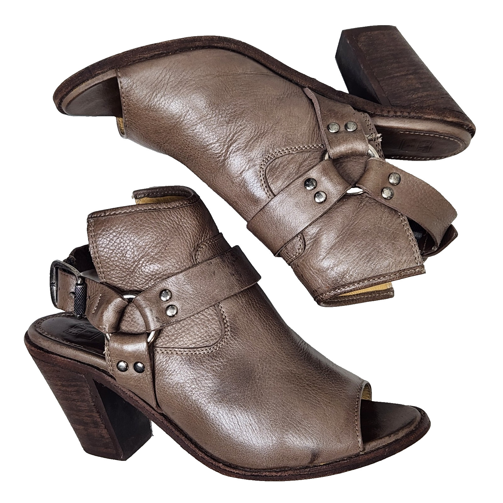 FRYE Izzy Harness Artisan Leather Open Toe Booties Sz 8.5 Taupe Grey Sandals