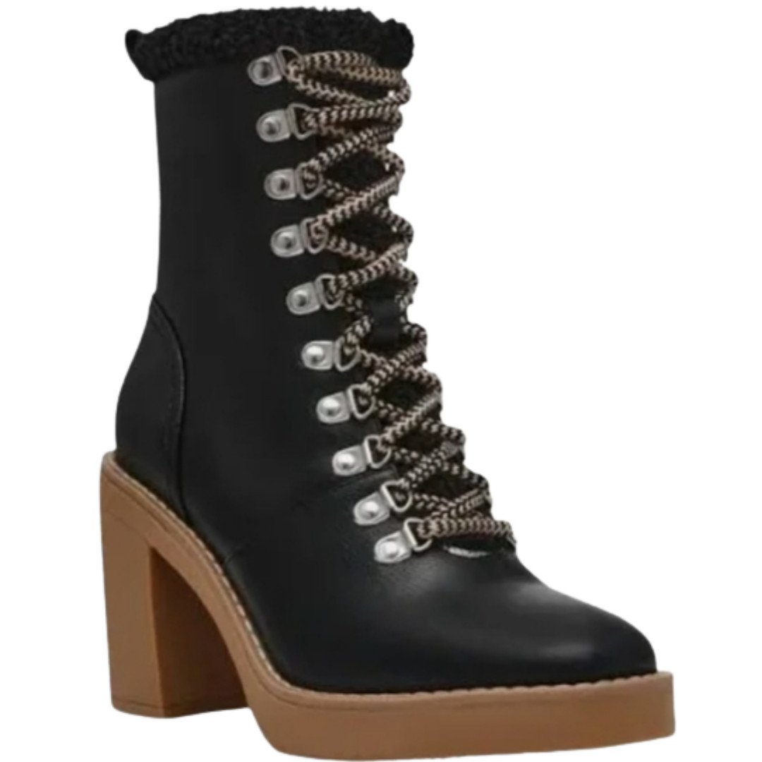 Dolce Vita Carmen Faux Fur Shearling Lace Up Heeled Boots Women’s 9 Black NWOB