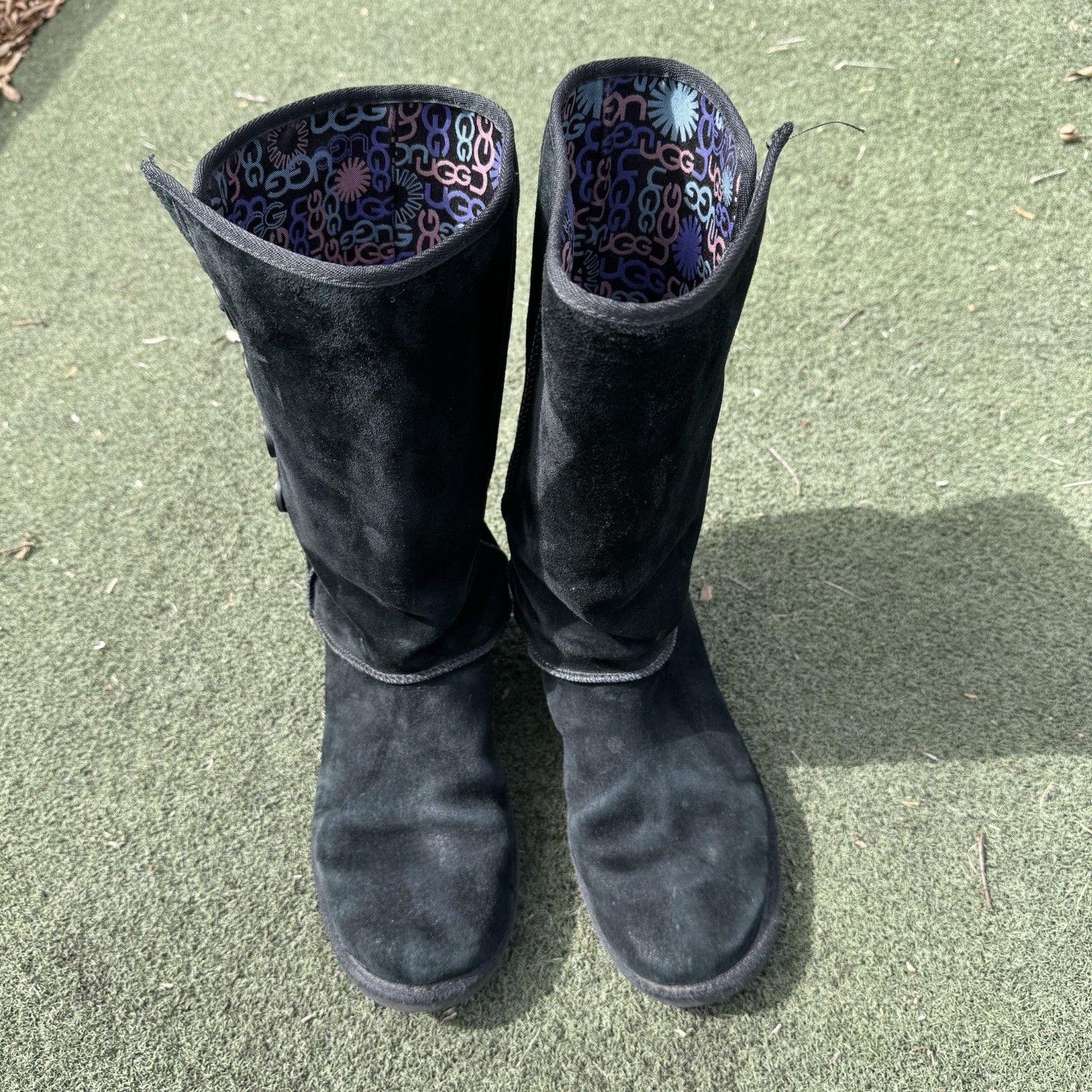 UGG Bailey Button Triplet Tall Black Suede Boots Womens 9 Multi Color Logo Lined
