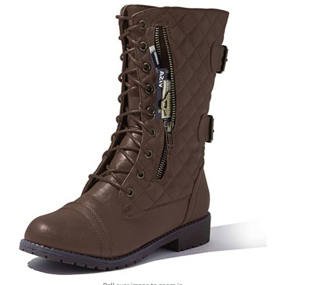 DailyShoes Women Military Lace Up Combat Mid Knee High Boots Quilted Brown US 8