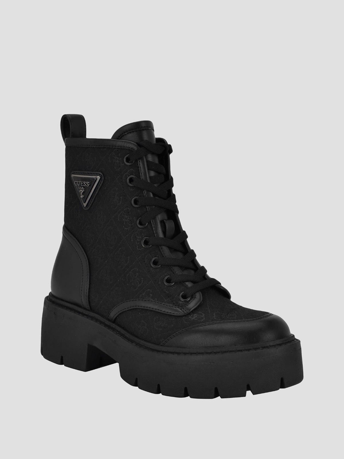 Guess Women’s Shun Triple Triangle Lace-up Lug Sole Combat Boots – Black Logo 8M
