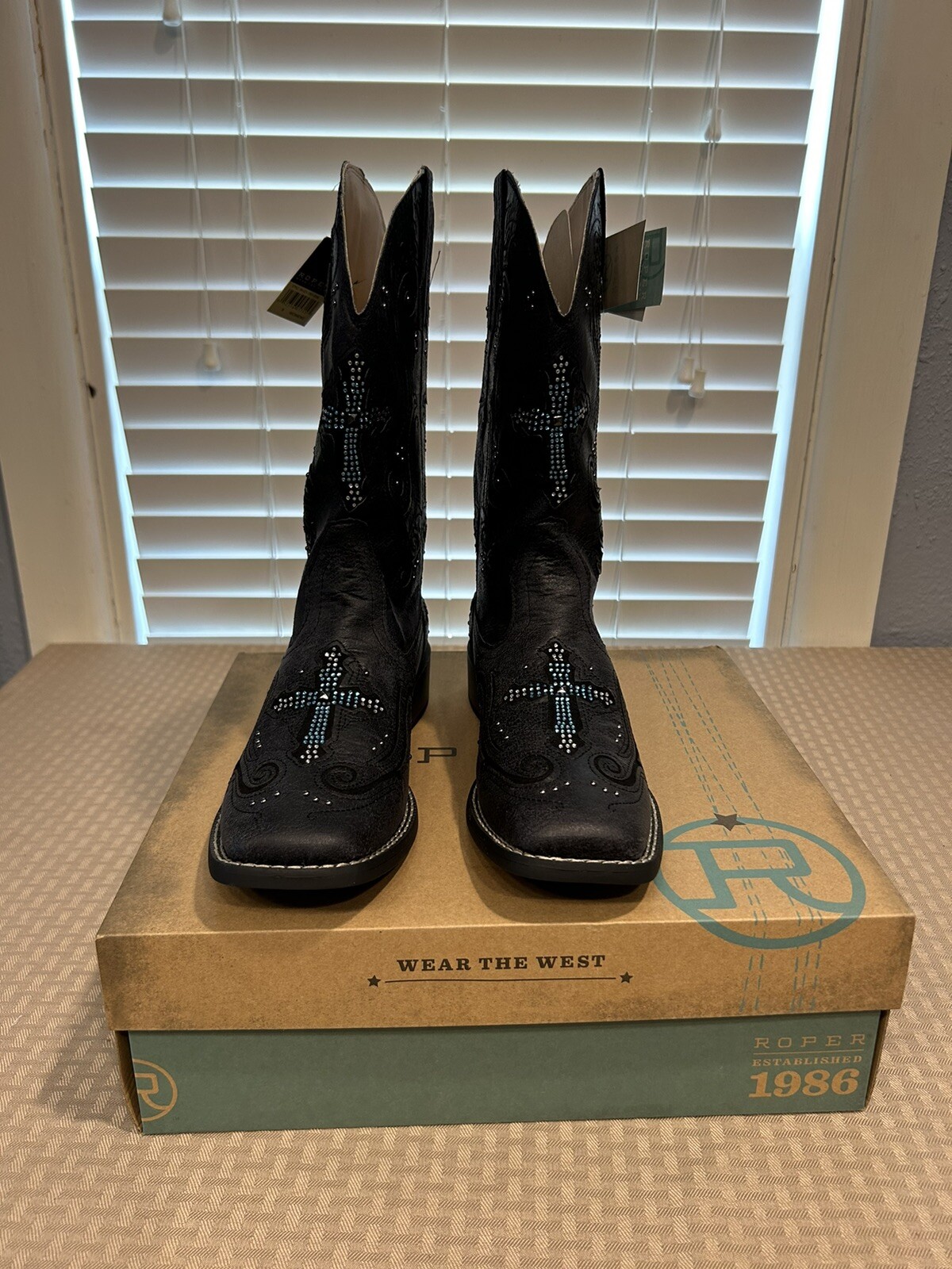 Roper Boots Ladies Black Faux Leather Blue Crystal Cross Faith Cowgirl NIB