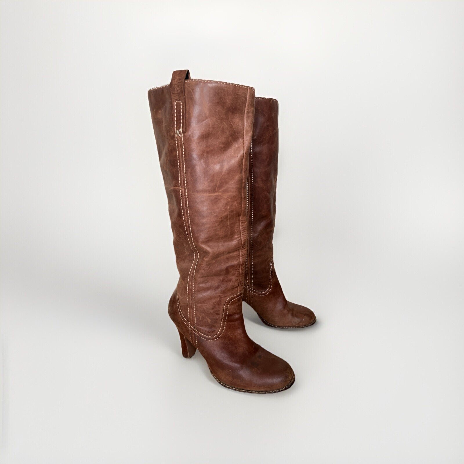 Vintage Y2K Brown Leather Boots Tall Knee High Heeled ALDO Size 9 40 Western