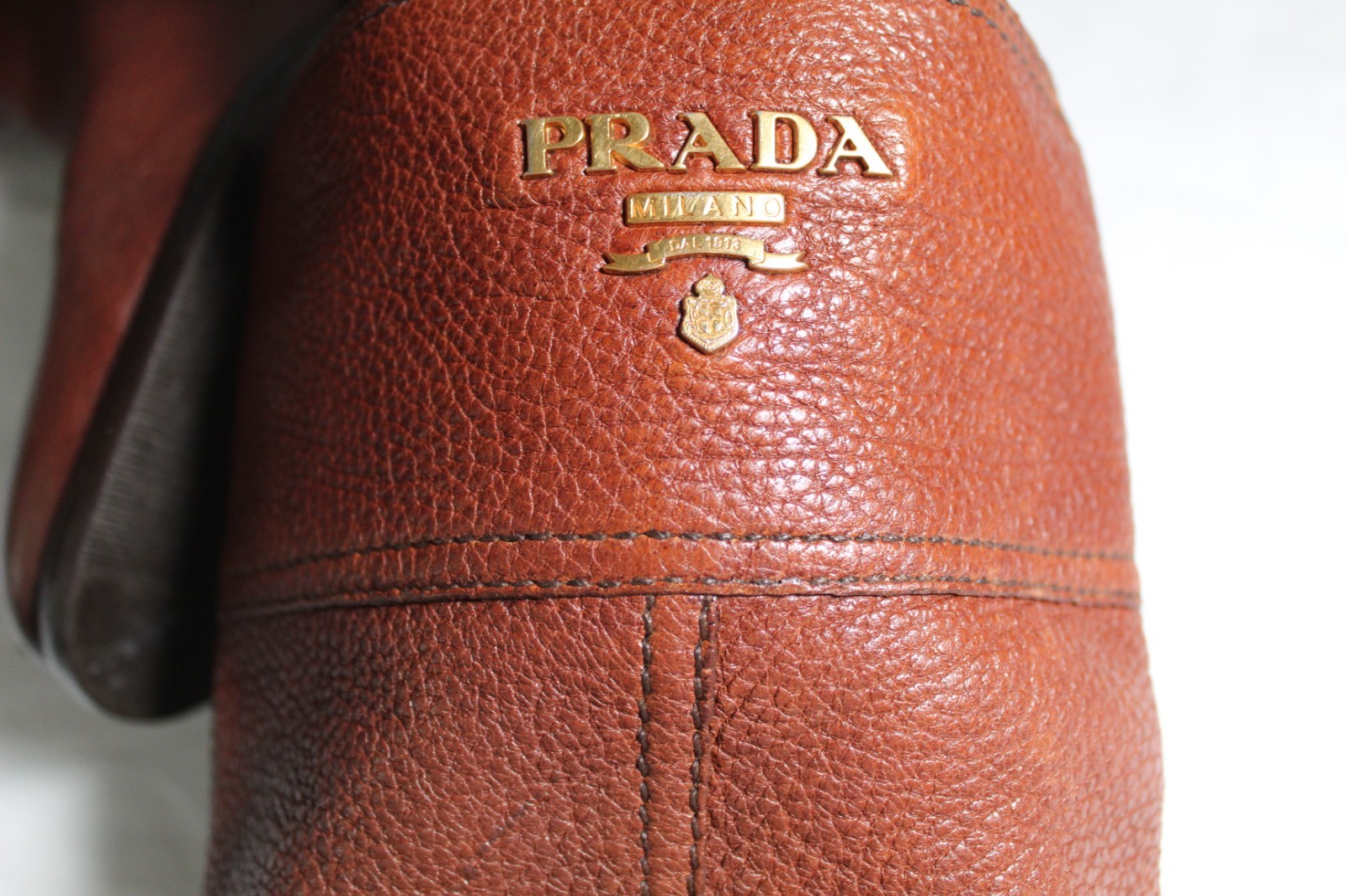 PRADA Brown Pebbled Leather Lined Pull On Riding Boots Logo Cuffs 39.5
