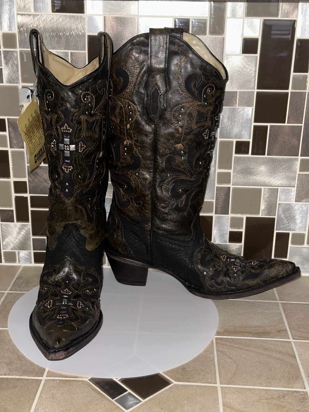 Corral Boots Snip Toe Black/Gray Python Cross Cowgirl Swarovski Size 10.5M