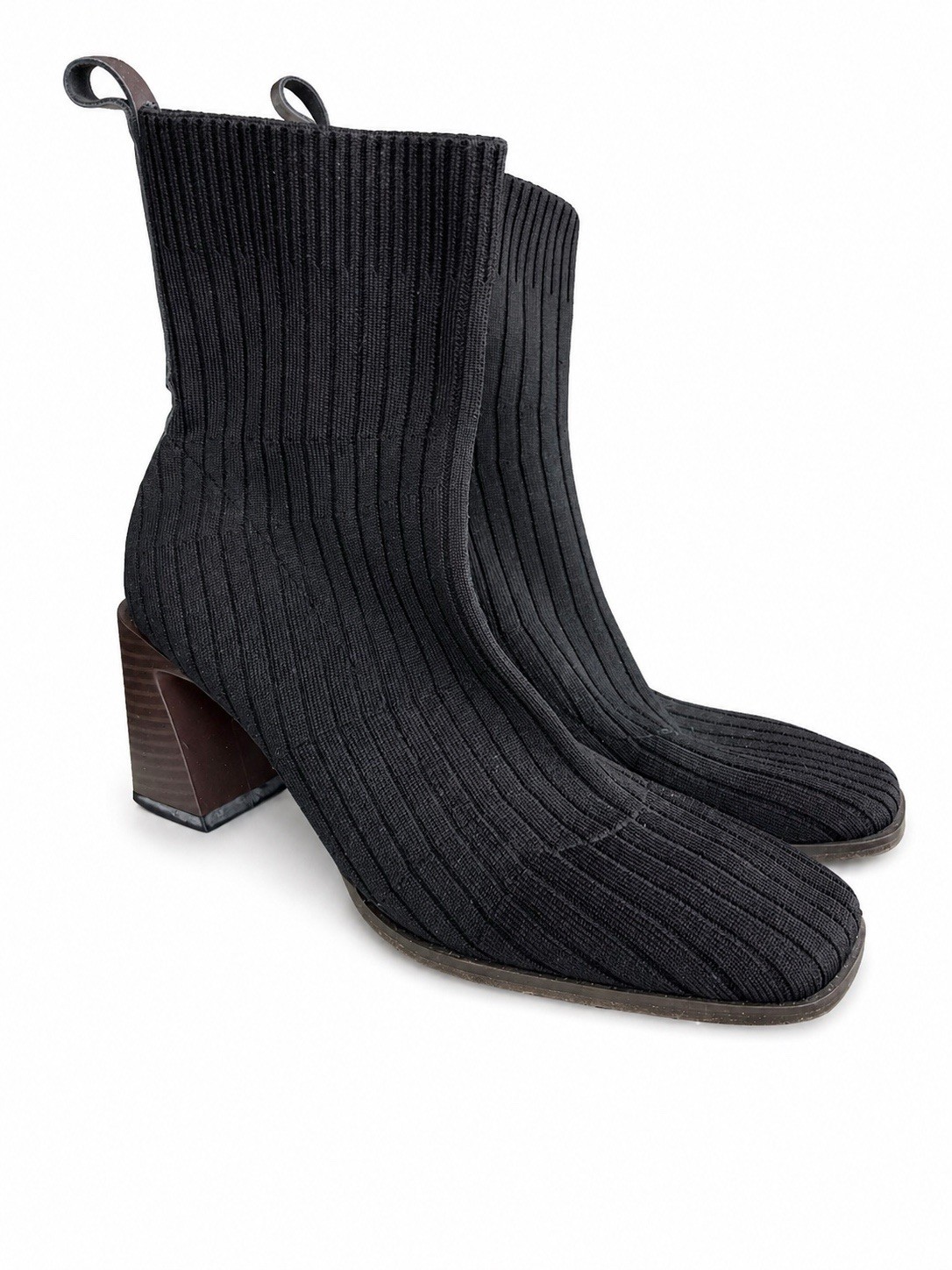 Women’s Black Ribbed Knit Sock Ankle Boots Block Heel Stretch Fashion Booties