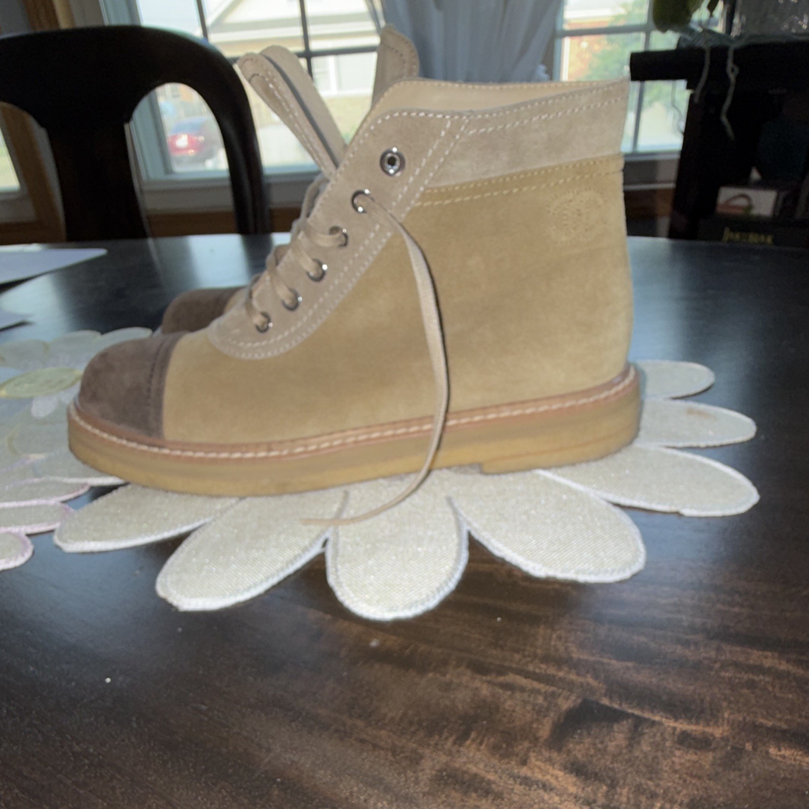 CHANEL Women’s Suede Ankle Bootie Lace-Up Cap Toe Beige/Brown US 9.5