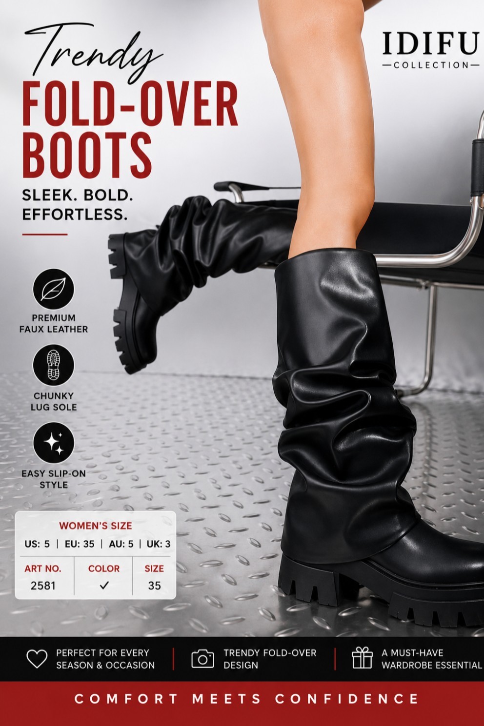 Women’s Black Fold-Over Slouch Knee High Boots Chunky Lug Sole Pull-On…