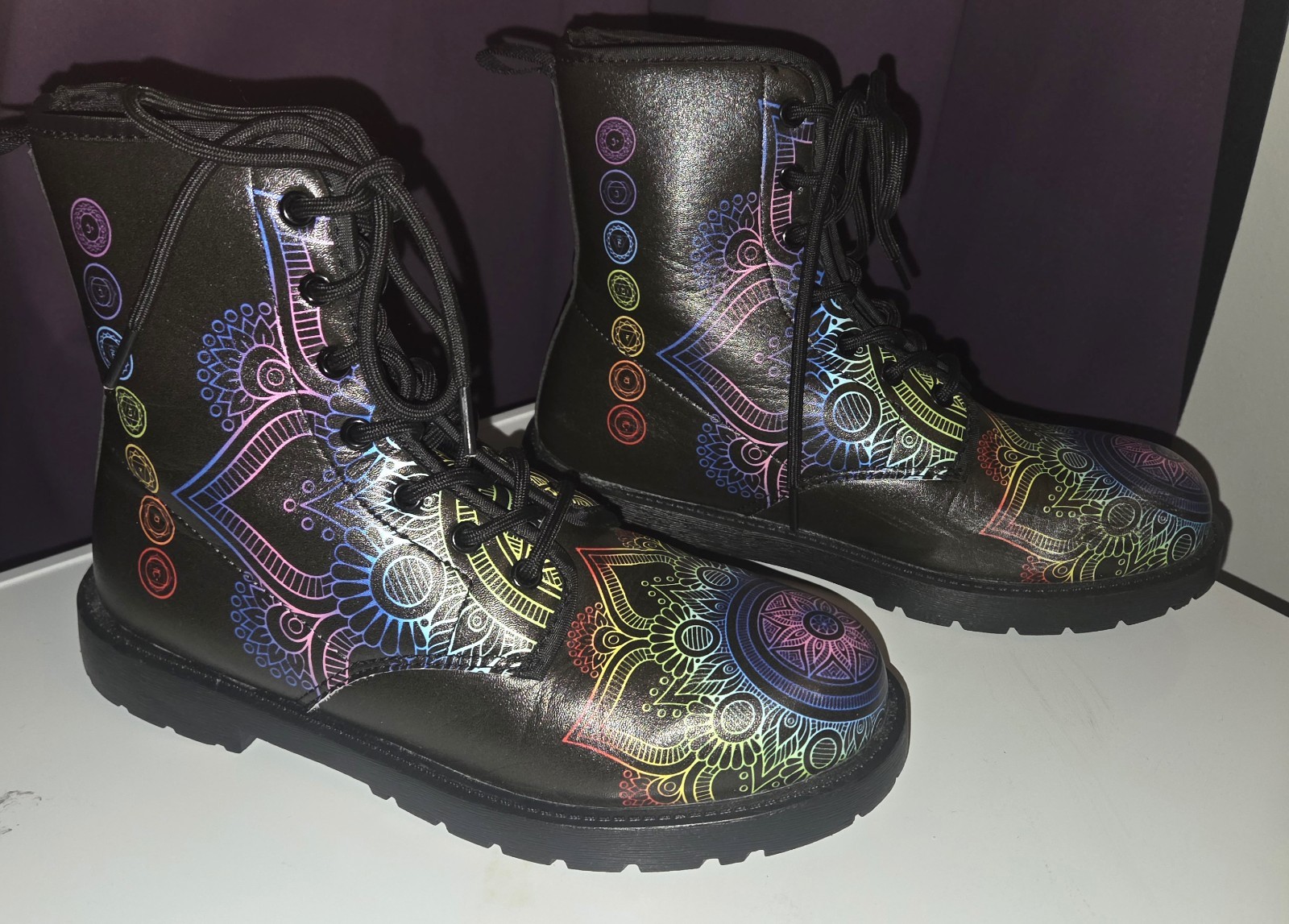 Women’s Lace-Up High Ankle Chakra Boots Faux Leather Mandala Black/Multicolor 8
