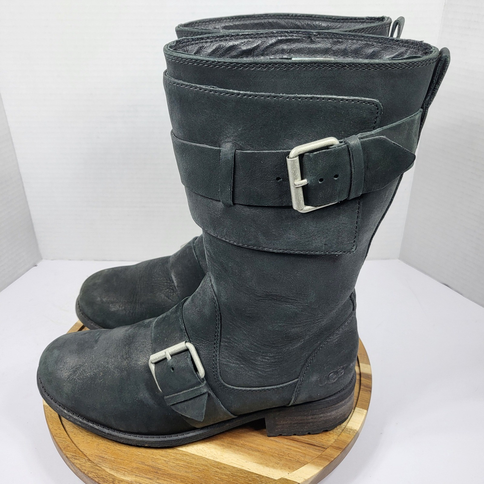 UGG Chancey Moto Boots Black Leather Buckle Strap Wool Lined Zip Womens 8.5