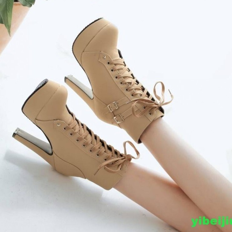Women’s High Heel Platform Ankle Boots Knight Motorcycle Buckle Lace Up Shoes