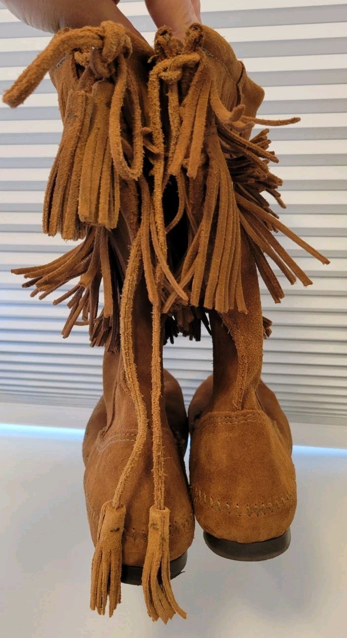Minnetonka Moccasin Boots Suede Layer Fringe Brown Sz 9 Boho Native American