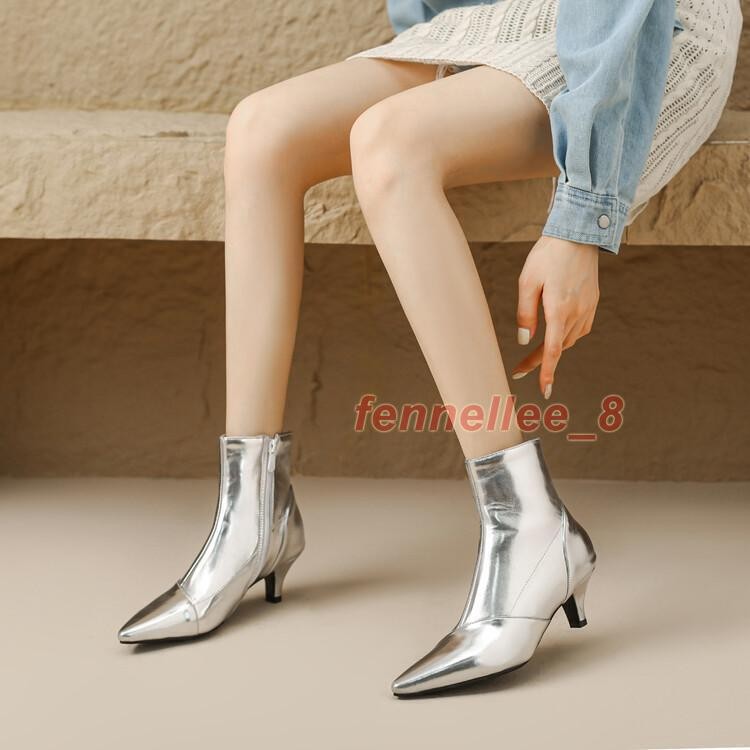 Womens Pointed Toe Side Zip Kitten Heel Ankle Boots Casual Dress Outdoor Shoes