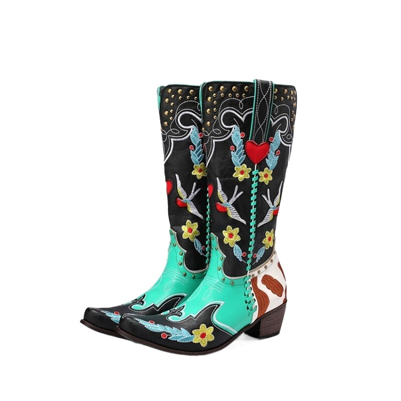 Vintage Womens Embroidery Mid Calf Boots Western Casual Occident Formal Shoes SZ