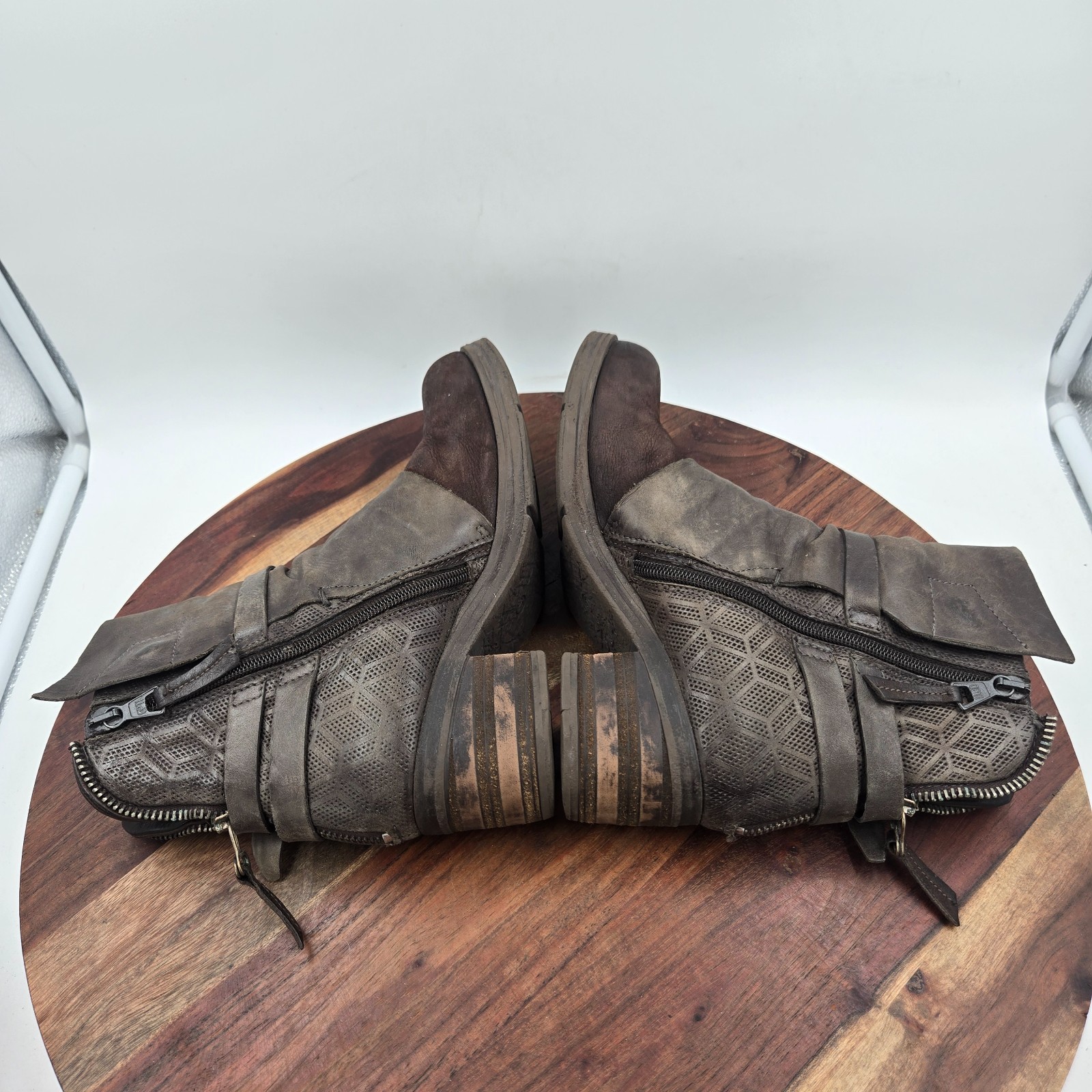 Miz Mooz Salma Boots Women’s 37 / 6.5 Brown Gray Leather Moto Biker Zip Booties
