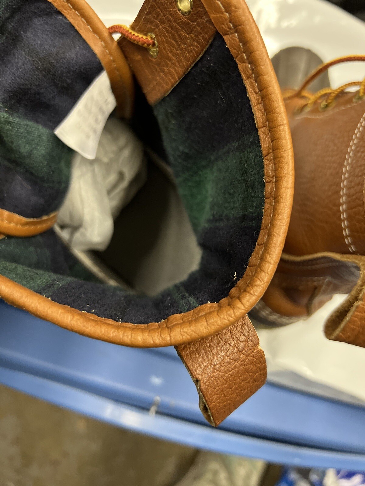 L.L.Bean Womens Boots Tumbled Leather Green Plaid Chamois Lined 503157 Size 9 M