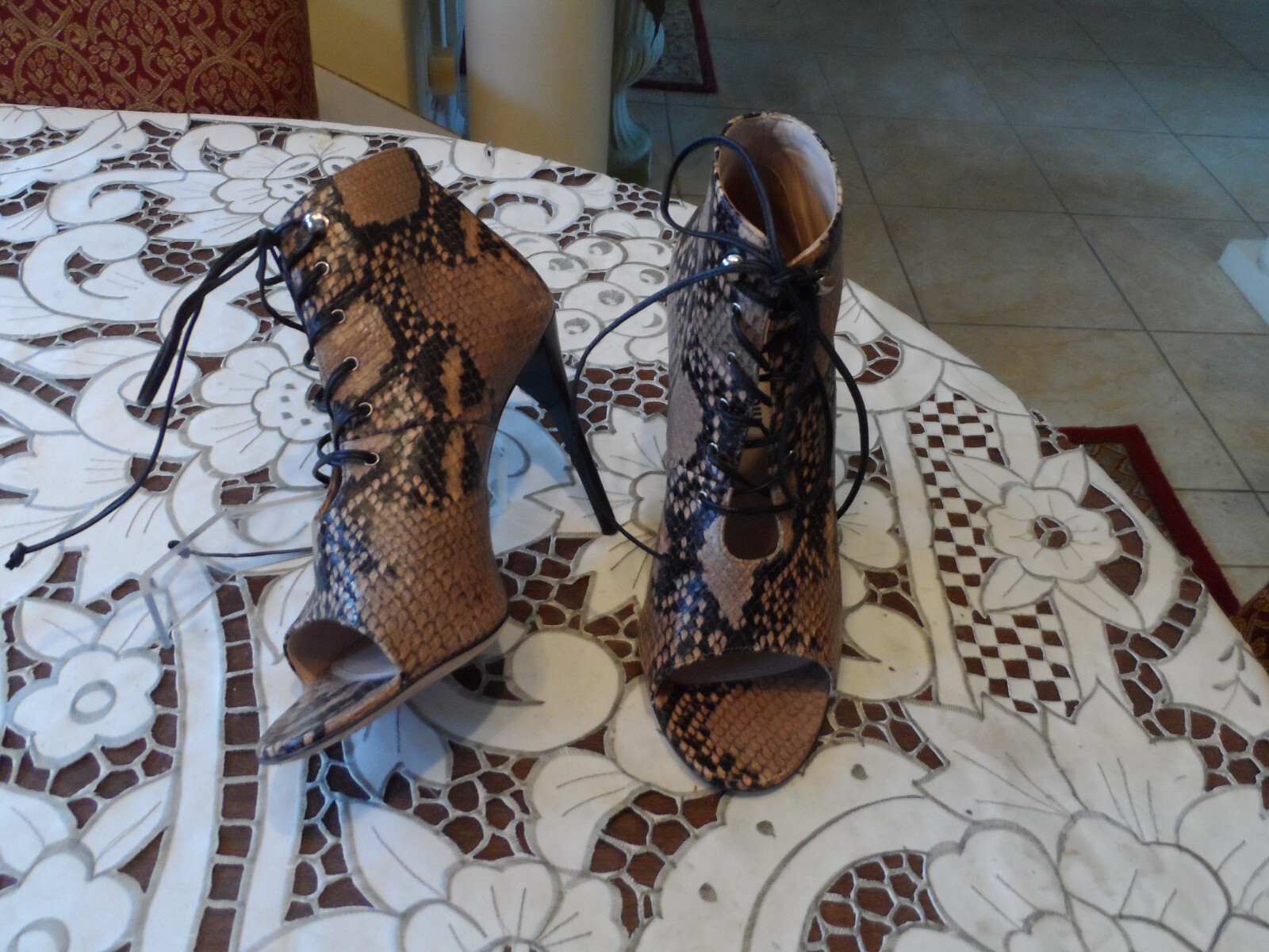 Miu Miu Brown/Beige Python Embosed Leather Lace Up Ankle Boots Size 39M