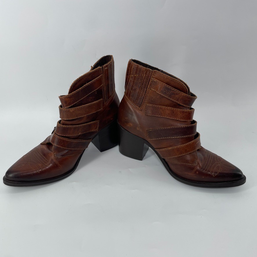 Steve Madden Boots Women 7.5 Brown Leather Prairie Western Steampunk Buckle Y2K