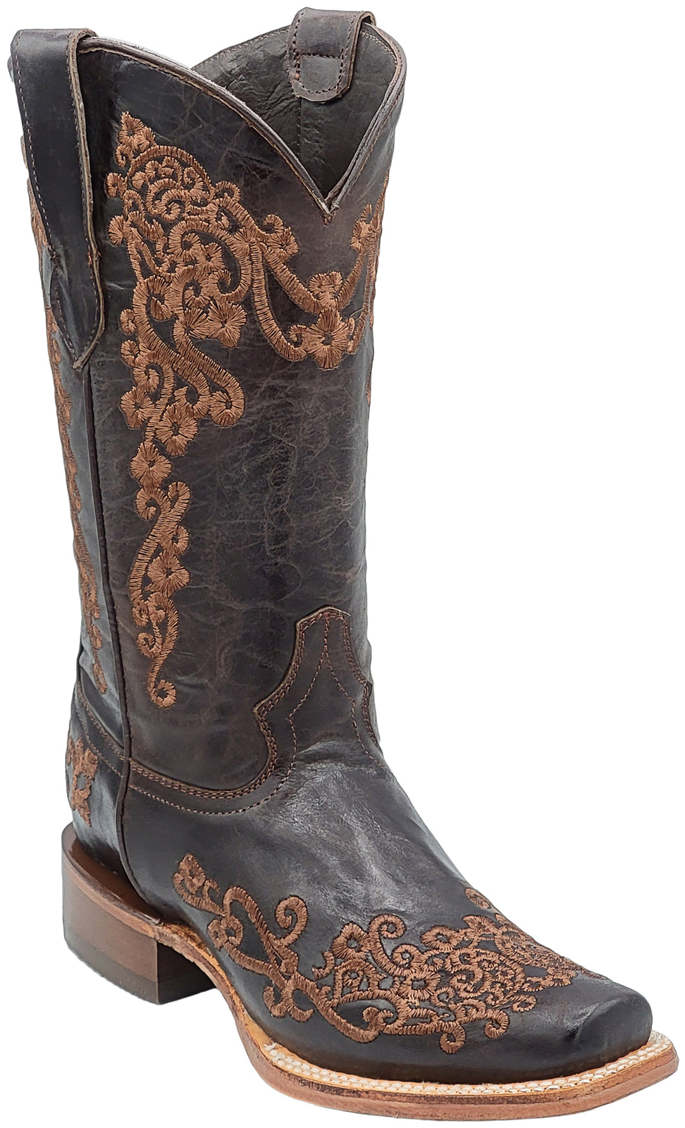 Ladies Genuine Leather Diana Square Toe Embroidered Chocolate Boots Handcrafted