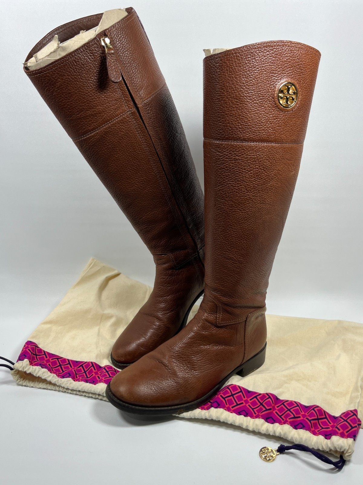 TORY BURCH Boots Womens 8M Junction Riding Equestrian Pebble Leather Brown