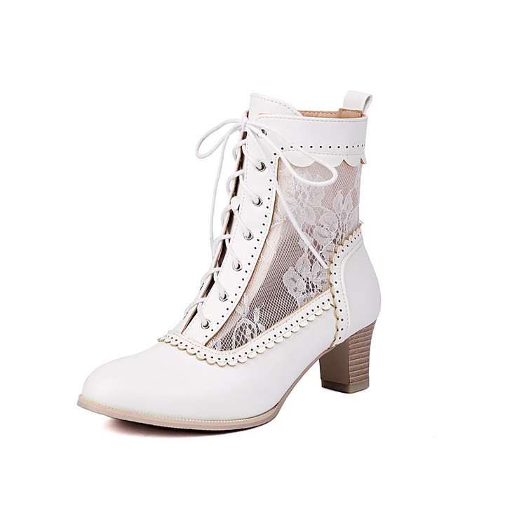 Occident Women’s Low Heels Mesh Lace Up Ankle Short Boots Party Round Toe Shoes