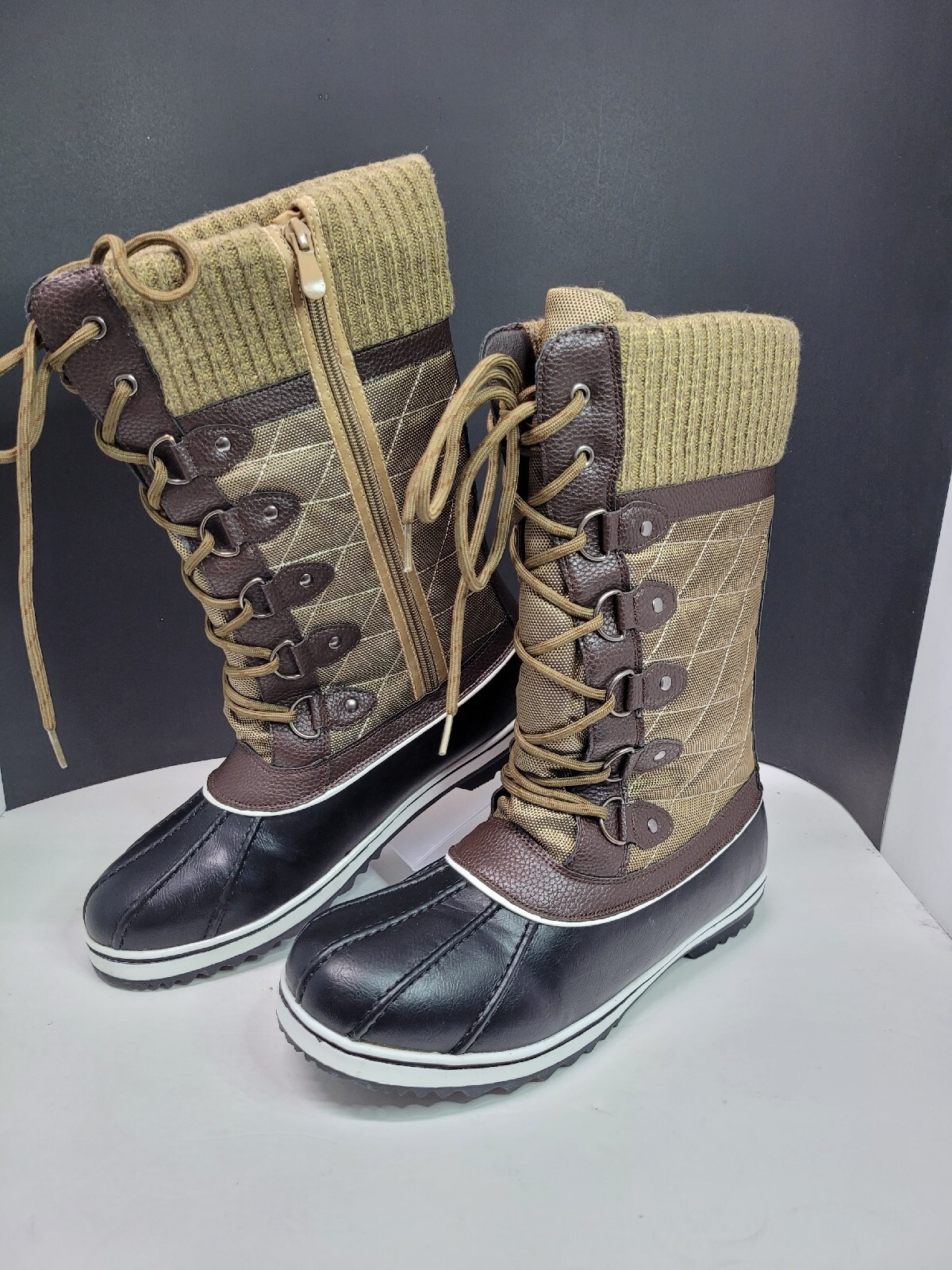 Ermonn Women’s Mid-Calf Winter Snow Boots Tall Non-Slip Waterproof Brown-(Sz-11)