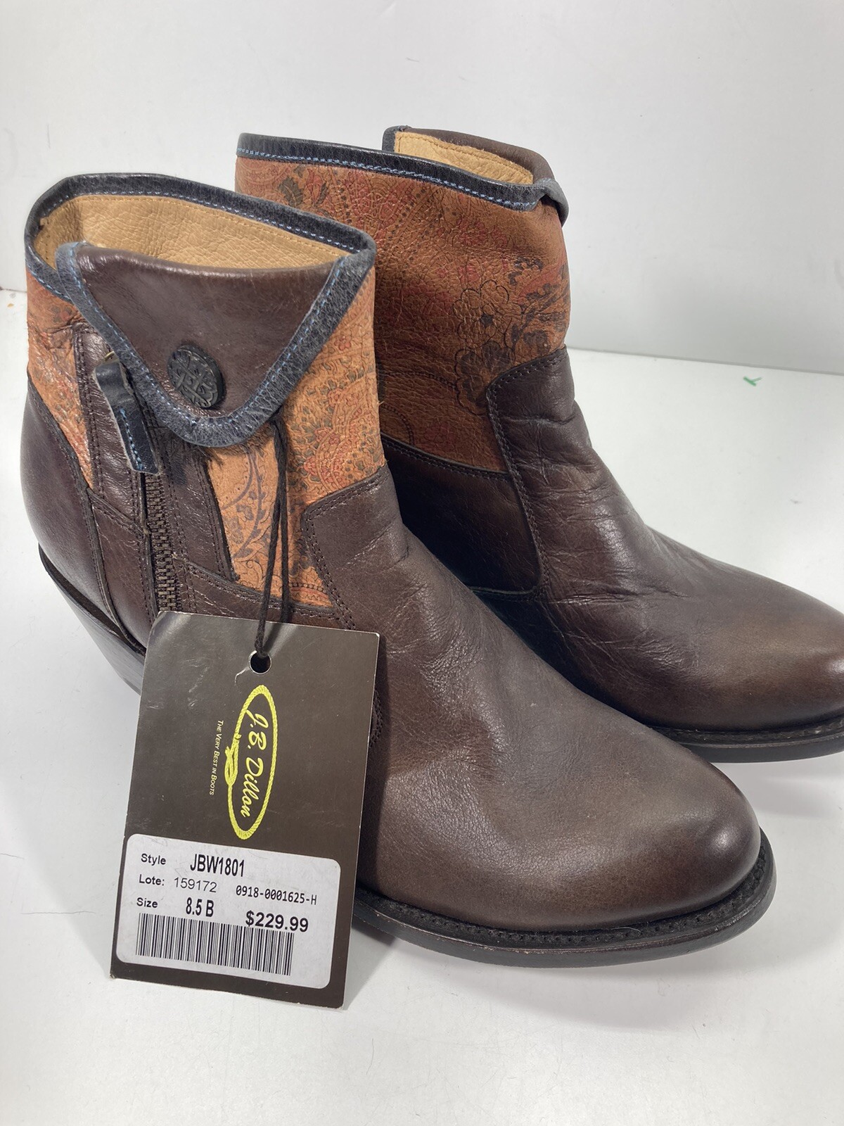 JB Dillon Ankle Boots Women Size 8.5 B Brown Leather Side Zip 2 Inch Heel NWT