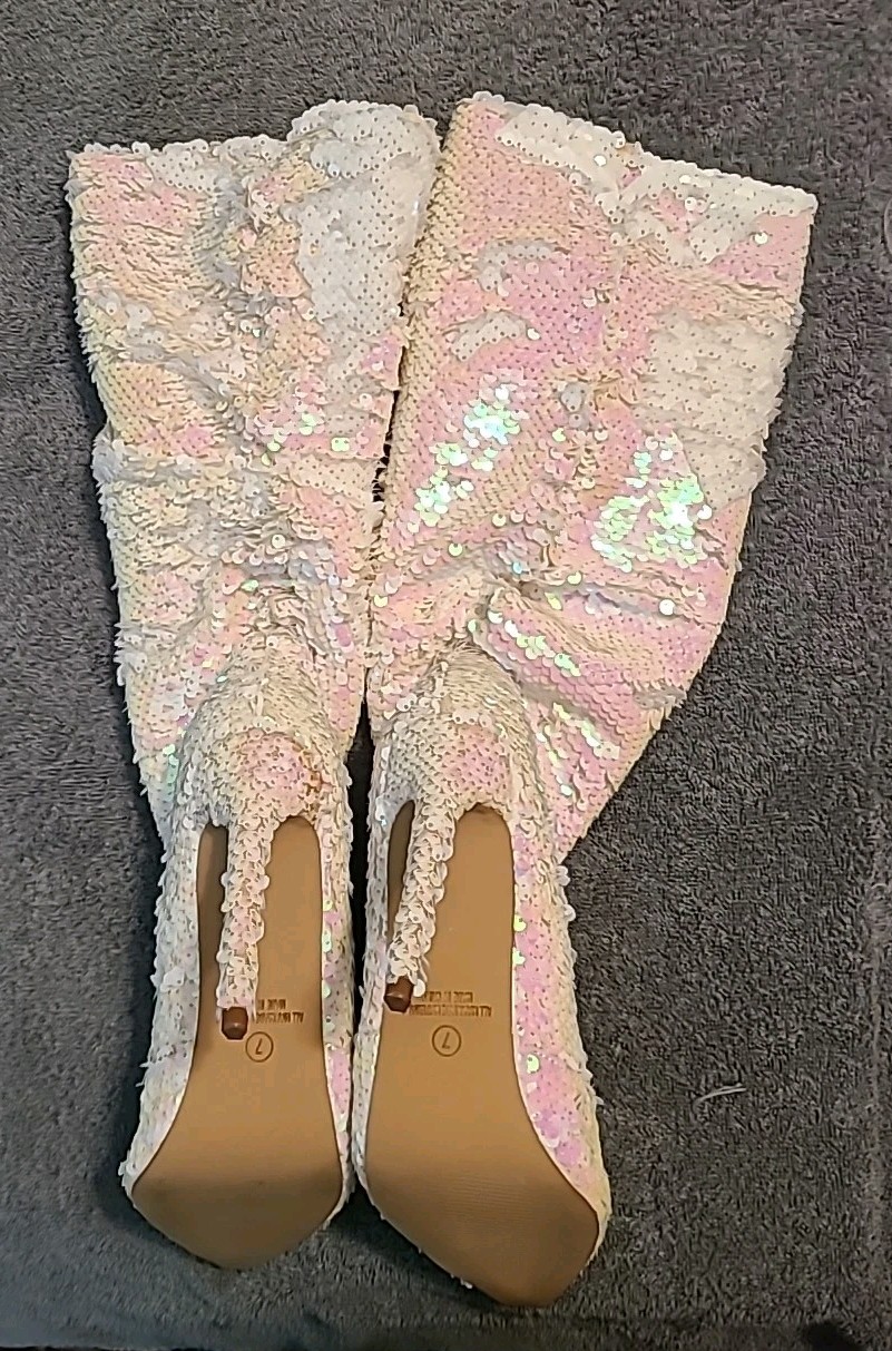 New Liliana Pink/white Sequin Slouch Knee Boots- Women’s Size 7 Noy