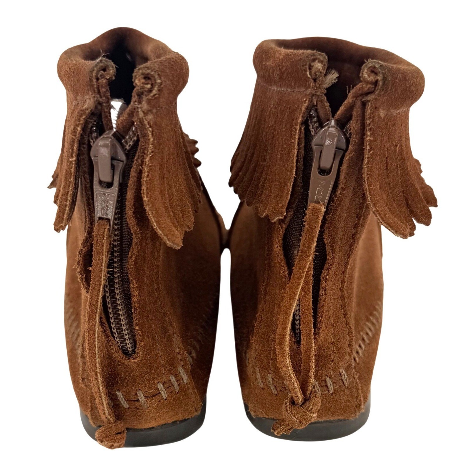 Minnetonka Women’s Moccasin Ankle Boots Brown Suede Fringe Zip Size 8 Western