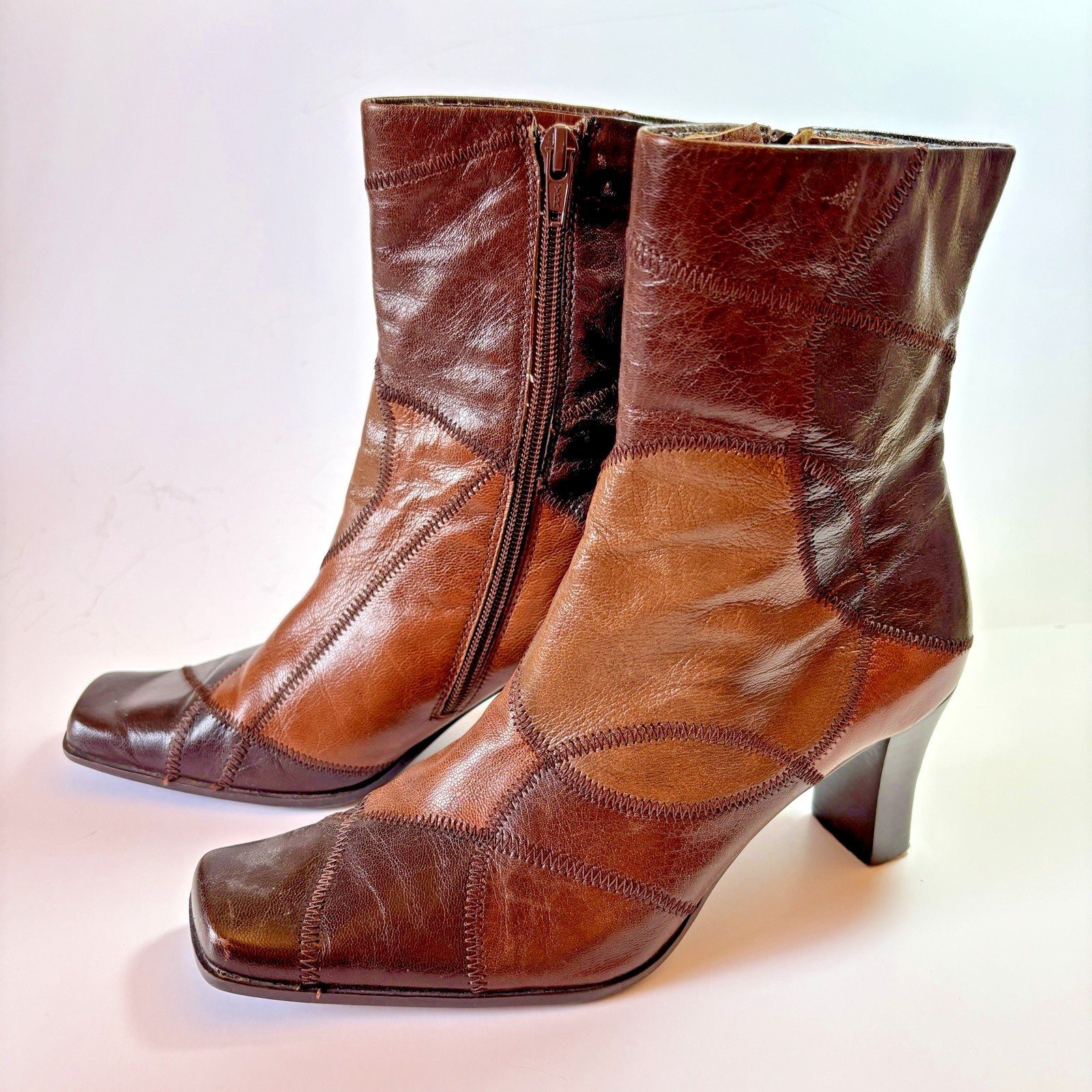 Liz Claiborne Boots 6.5 Short Mid Calf Leather Brown Patchwork 9” Shaft Height