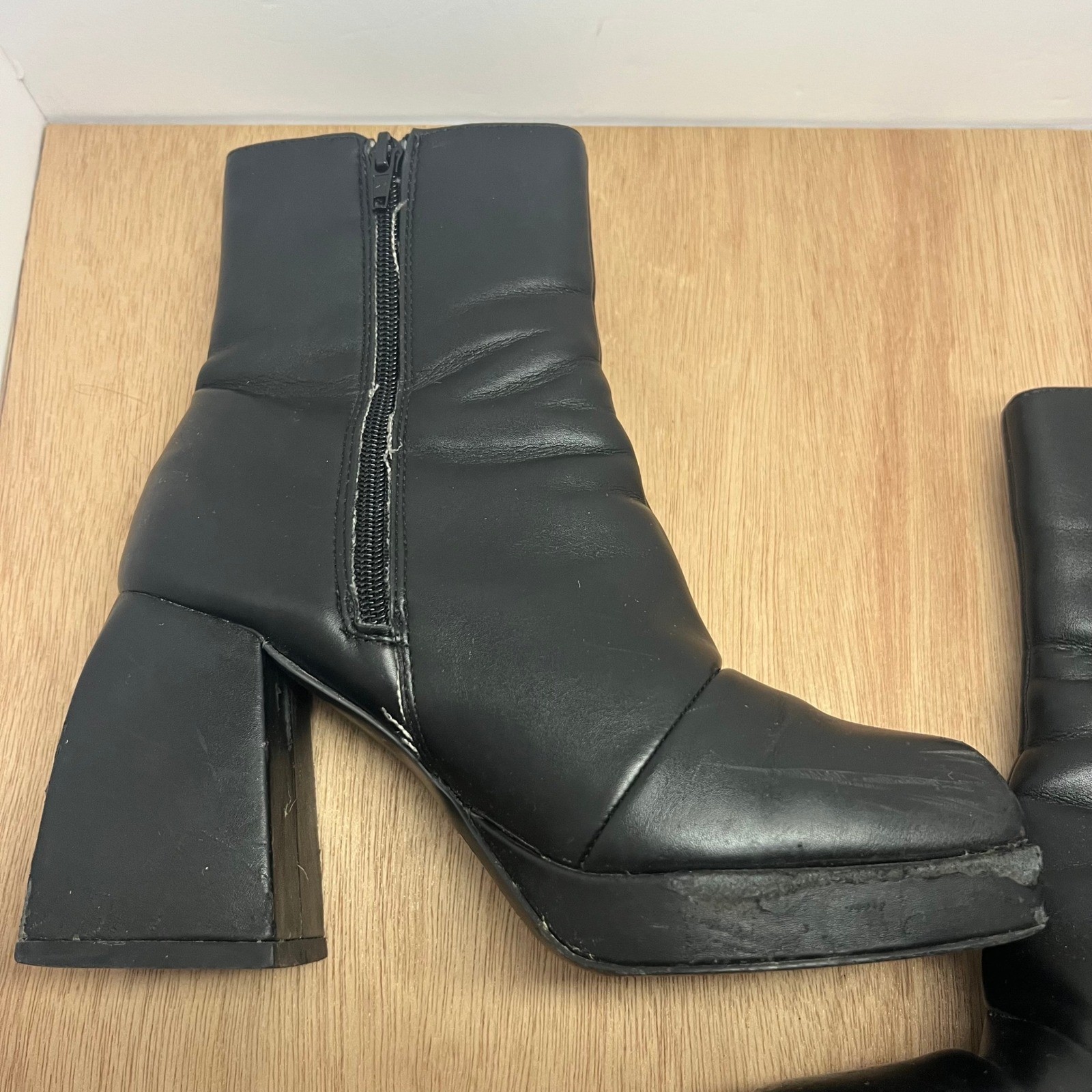Platform Boots Women 7 Black Square Toe Chunky Block Heel Zipper Unbranded Goth
