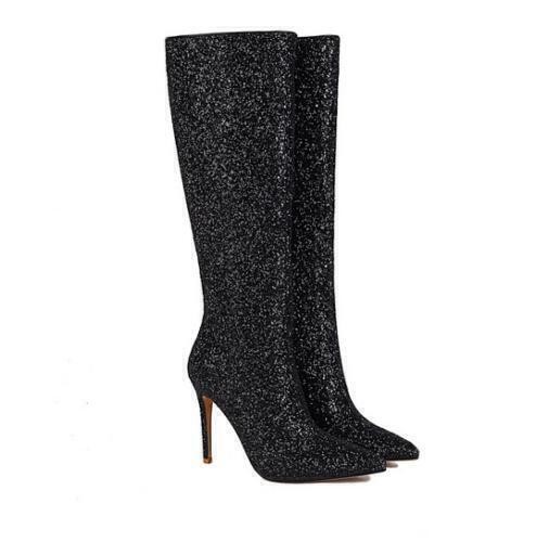 Women’s Glitter Zip High Heels Pointed Toe Knee High Boots Occident Party Shoes