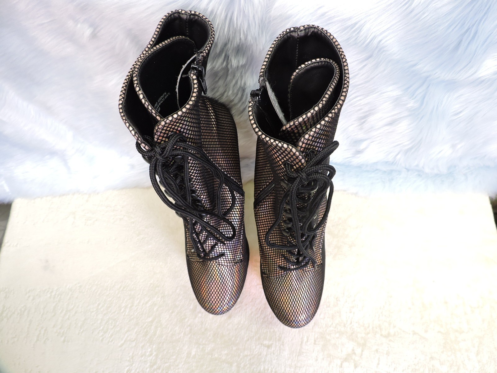 Pleaser Rose Gold fishnet Hologram platform boots. Size 12 Womens 10.5 mens