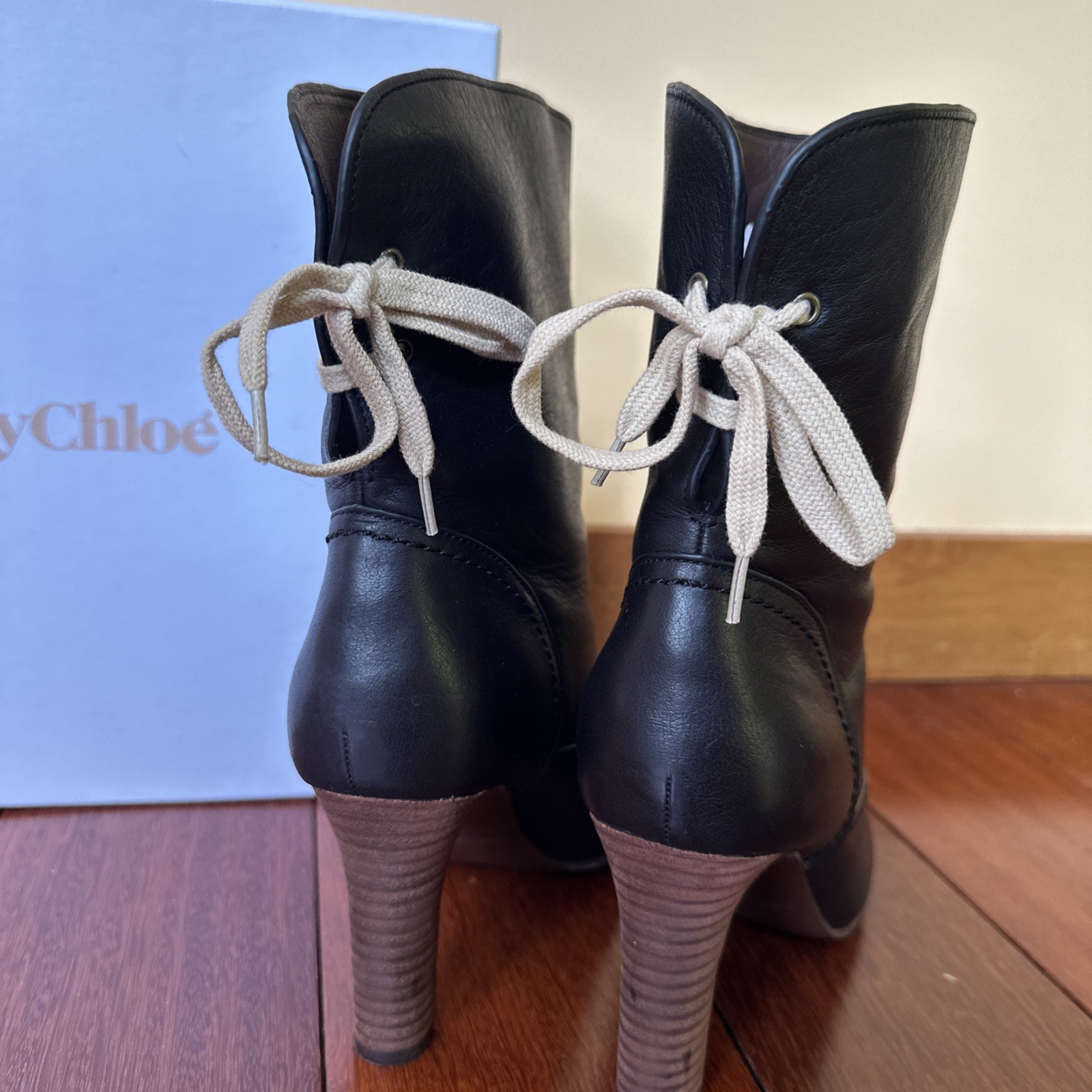 SHIPS FREE See By Chloé Boots black Soft Calfskin Leather Tie-Back Size 40 W Box