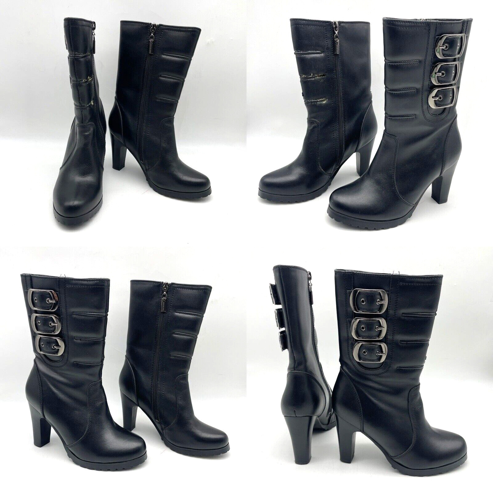 Xelement LU8001 Black Leather Triple Buckle Block Heel Zip Moto Boots Sz 6 -FLAW