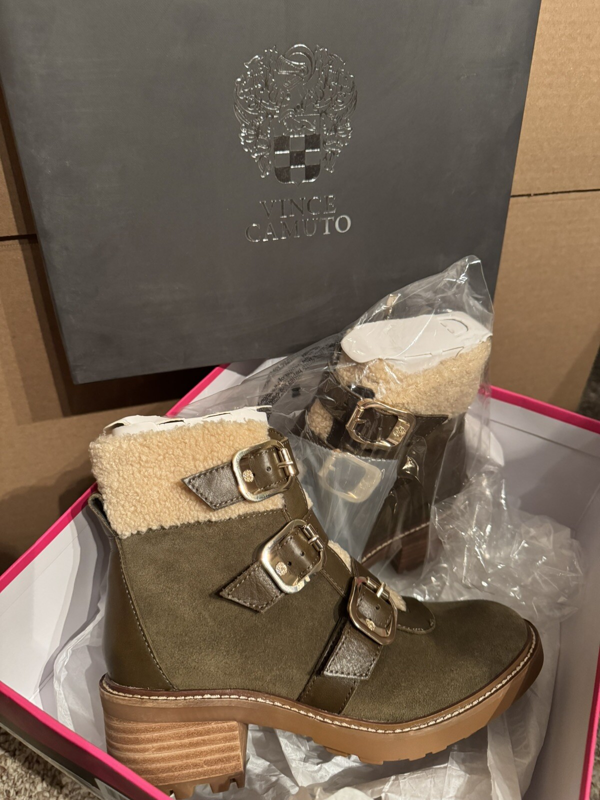 Vince Camuto Women’s Boots 6 1/2Olive Green Klerica Leather Faux Fur Moto Buckle