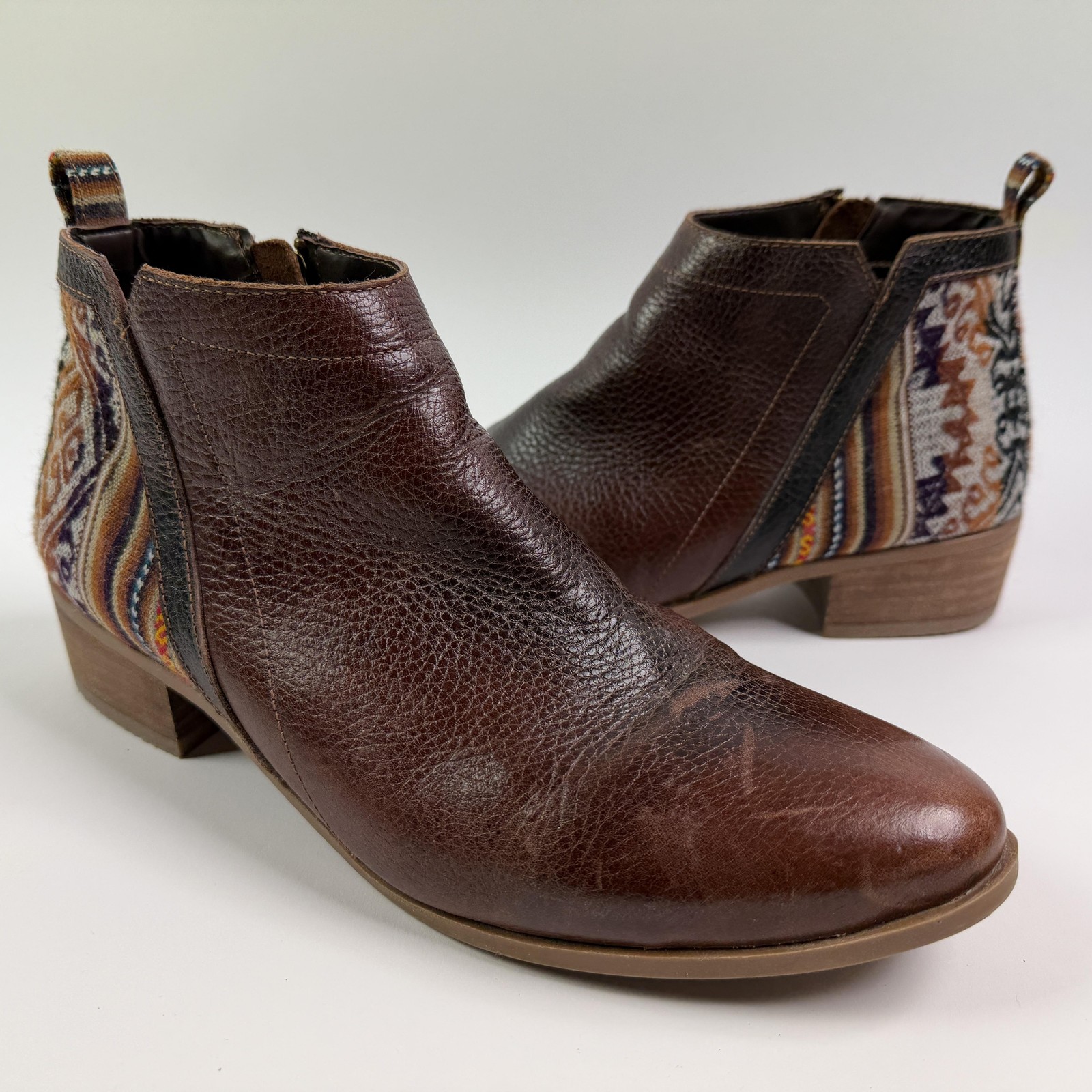 Inkkas Boots Womens Size 11 Brown Leather Ankle Textile Zip Boho Booties