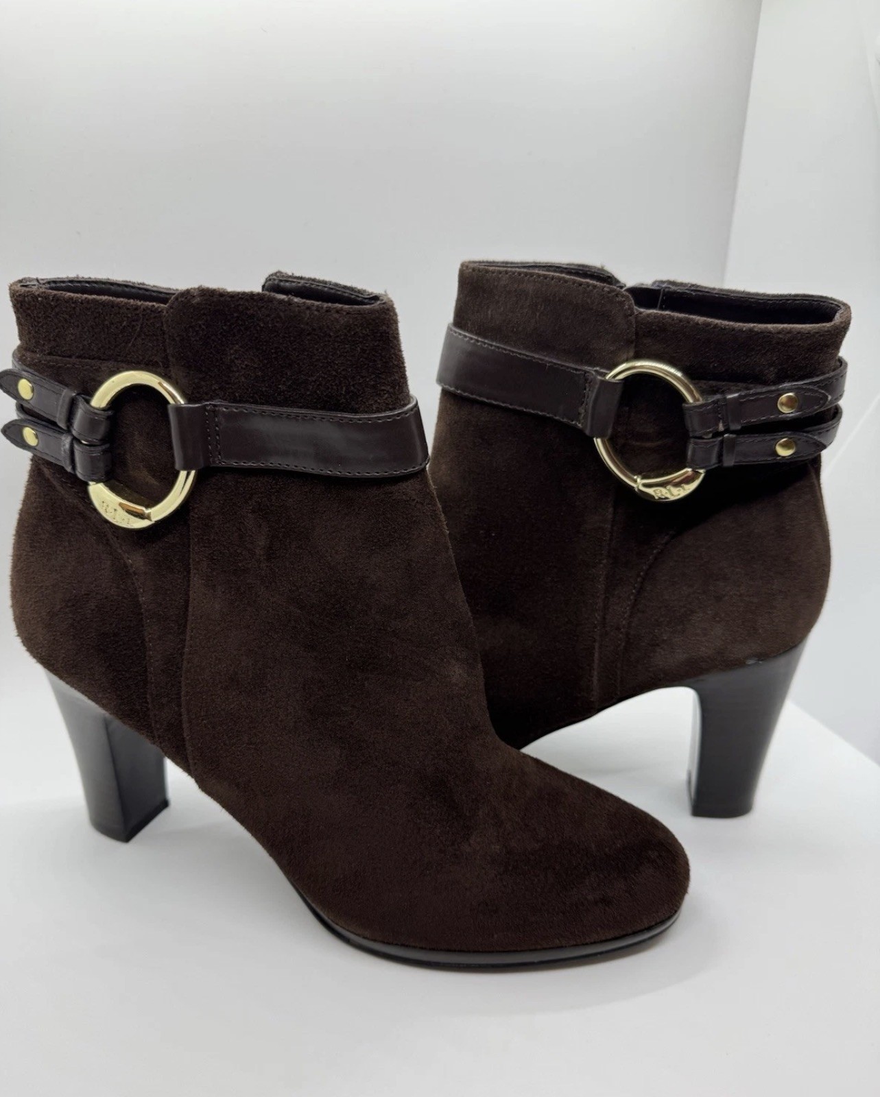 RALPH LAUREN Womens Boots Sz 9 MYLA High Heel Ankle Brown Suede Leather Zip