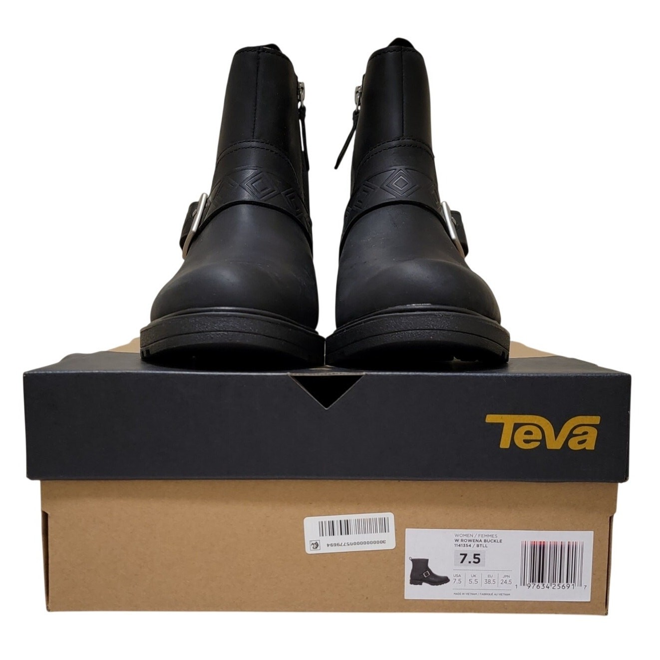 Teva Women Rowena Buckle Block Heel Booties Size US 7.5 Black Waterproof Leather