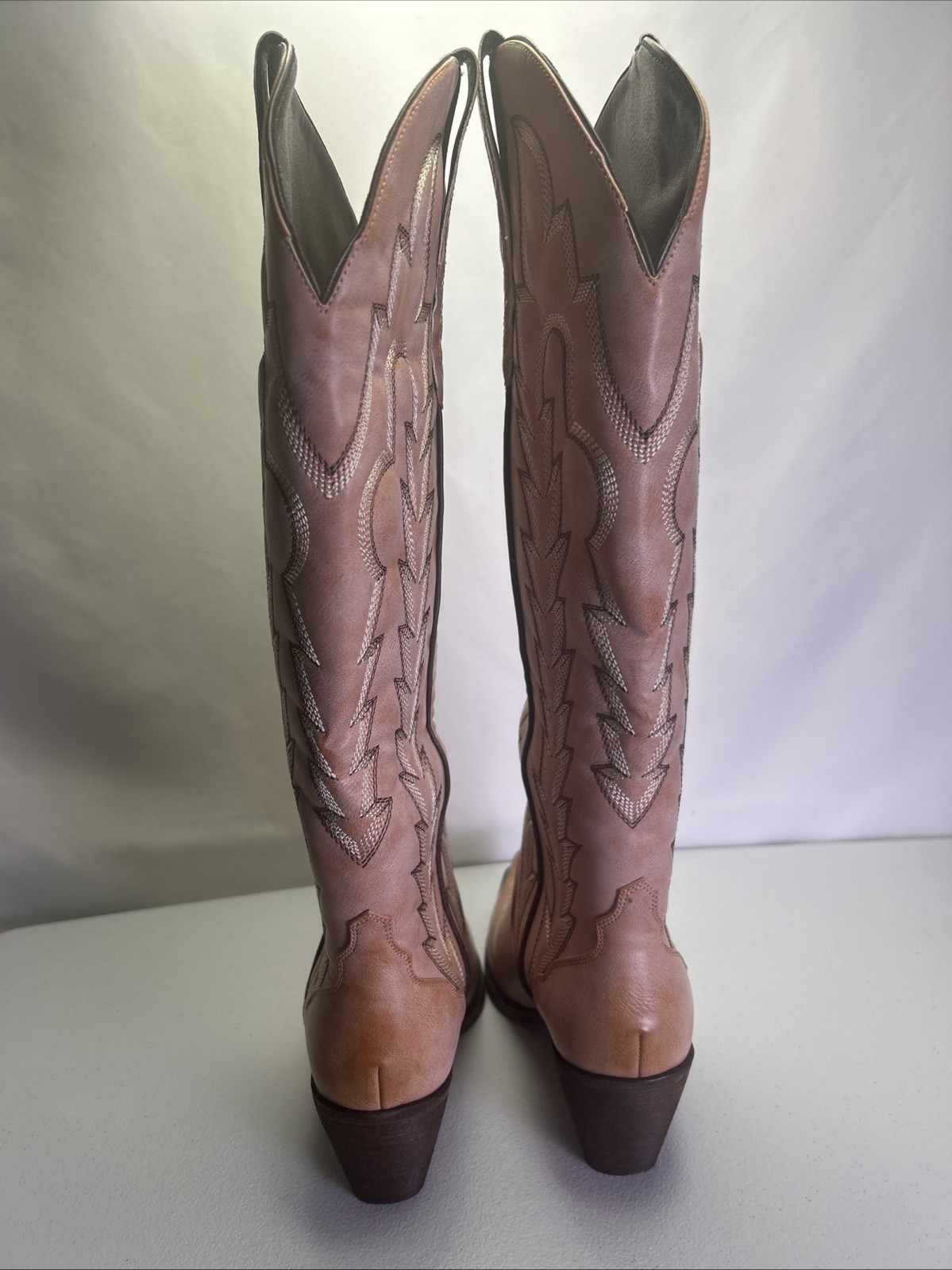 WETKISS Womens Cowboy Boots Size 8 Knee High NIB Pink Beige Embroidered Cowgirl