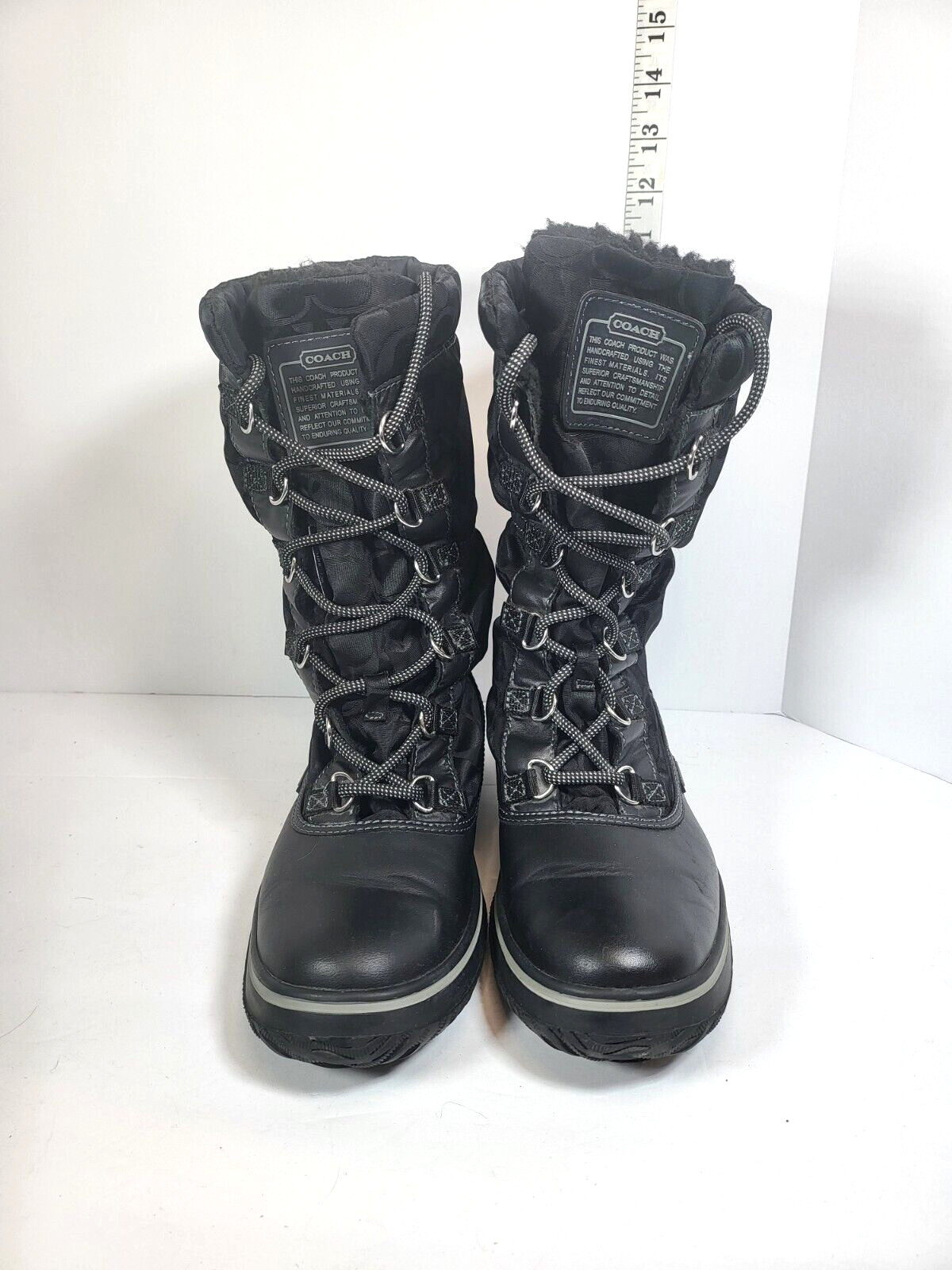 Coach Women’s Black Winter Snow Boots 7.5 Shaine Lined Nylon Leather Logo