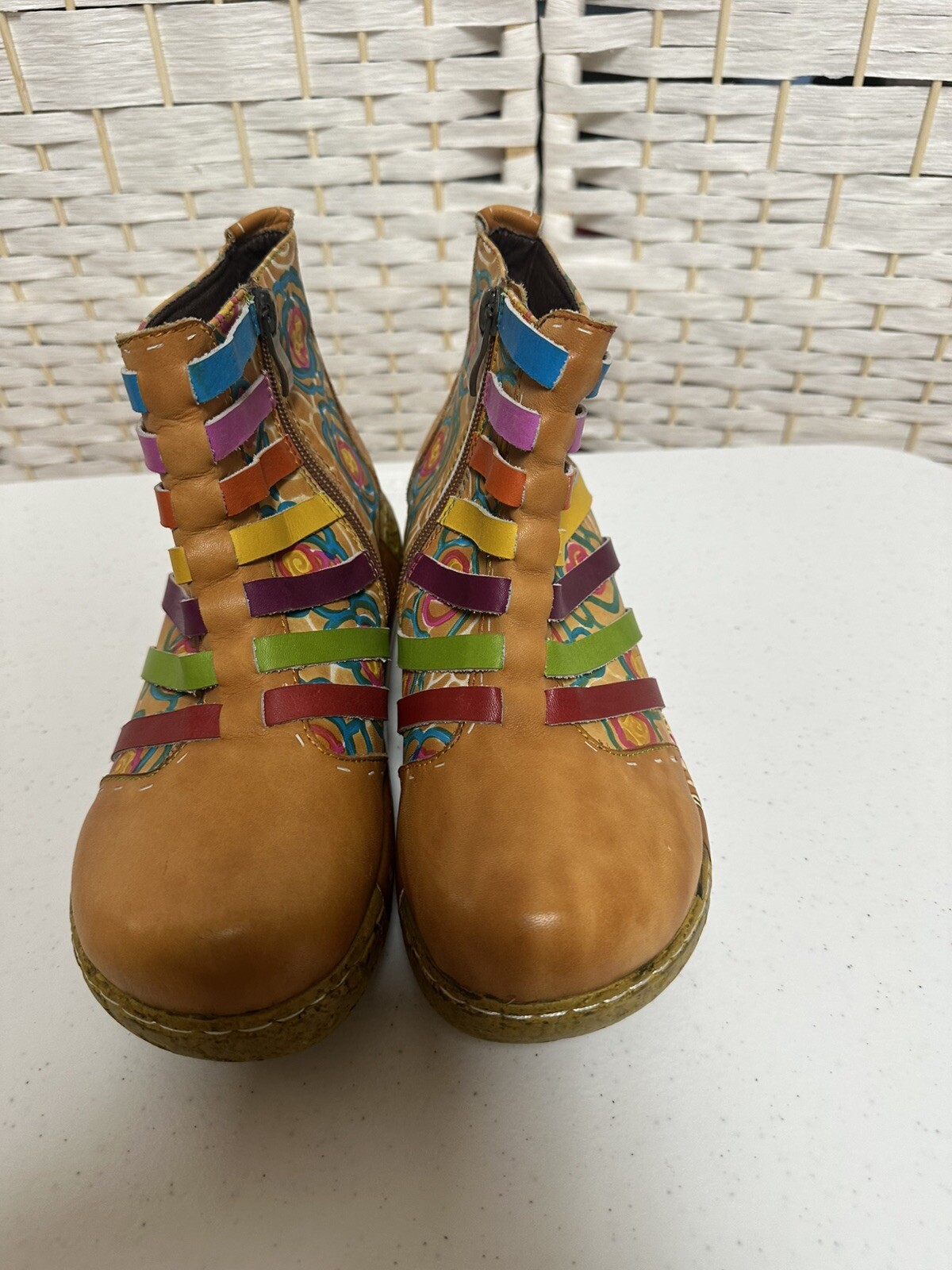 Socofy Ankle Boots 37 US 6.5 Colorful Leather Boho Hippie Zip Up Bootie Womens