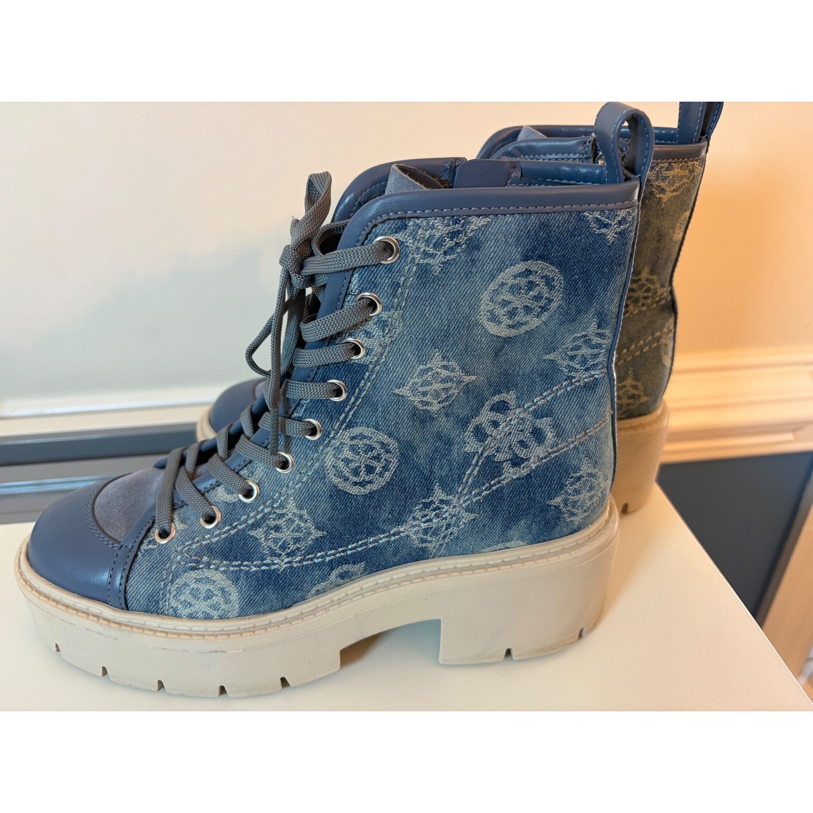 Guess Combat Boots Womens 8M Denim Monogram Platform Lug Sole Blue Zip Up
