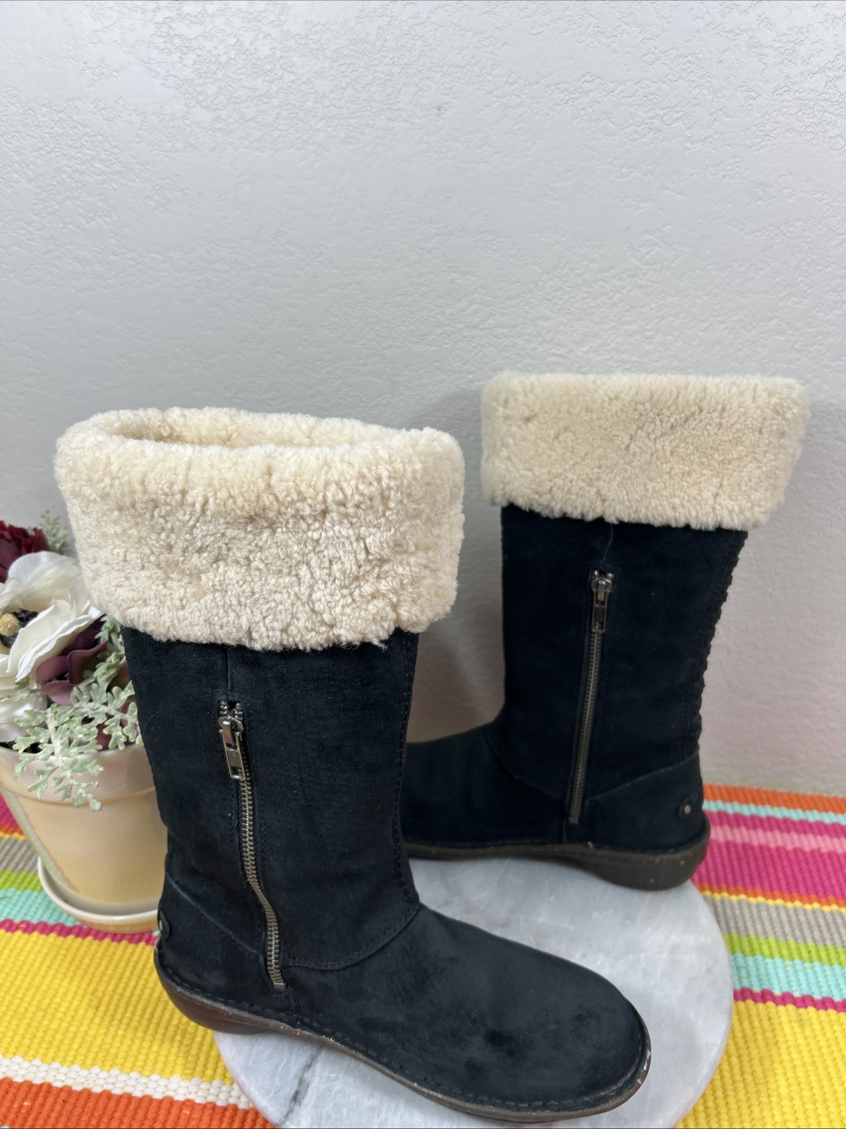 UGG KARYN #1005449 Black Suede Sheepskin Cuff Tall Zip Boots Women’s EU 37 US 6