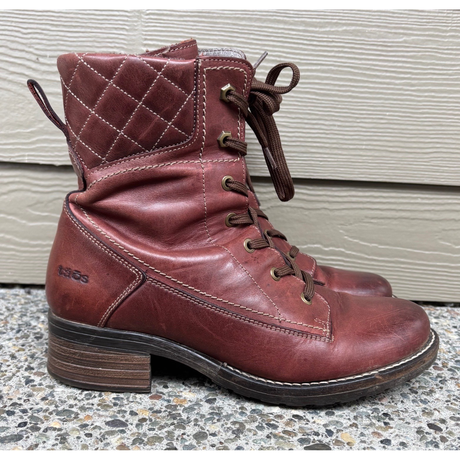 Taos Factor Burgundy Leather Lace Up Side Zip Quilted Combat Boots Womens 10/41