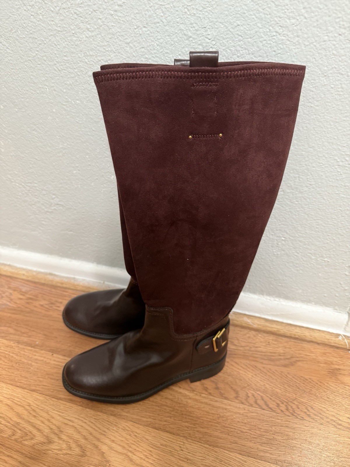 Women’s Brown Knee High Riding Boots Leather Round Toe Buckle Zip Rubber Sole