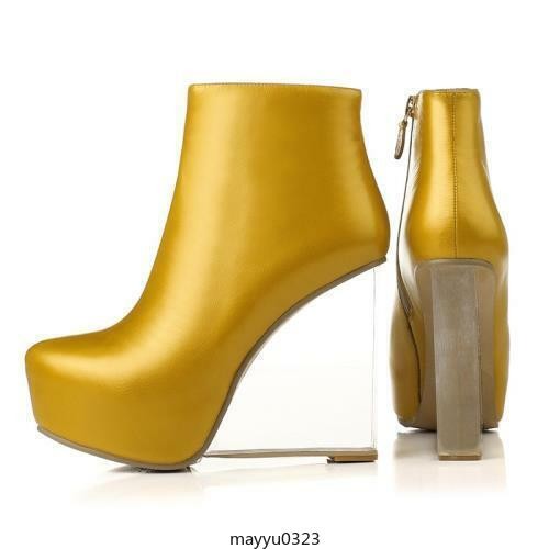 Women’s Leather Clear High Wedge Heel Platform Zip Ankle Boots Dress Shoes Party